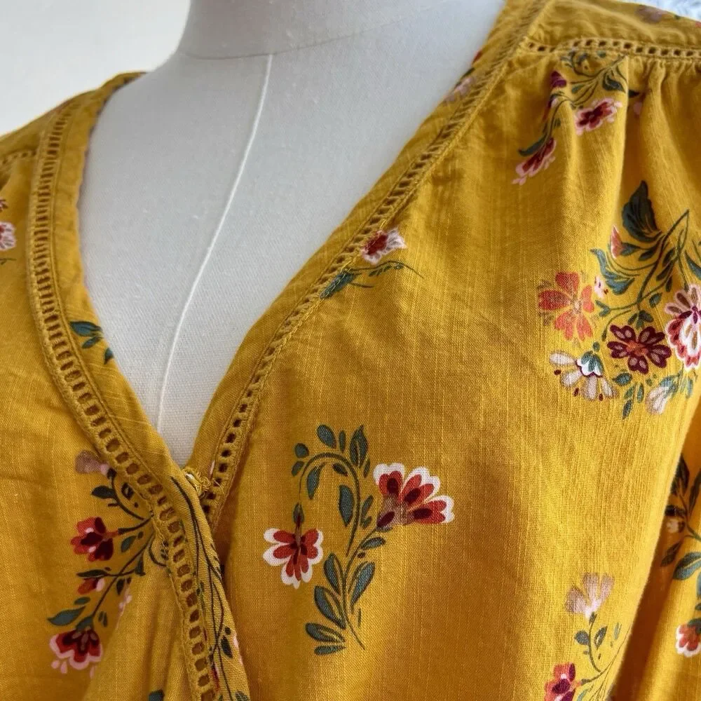 St Johns Bay Womens L Mustard Floral Blouse Surplice Smocked Hem Long Sleeve